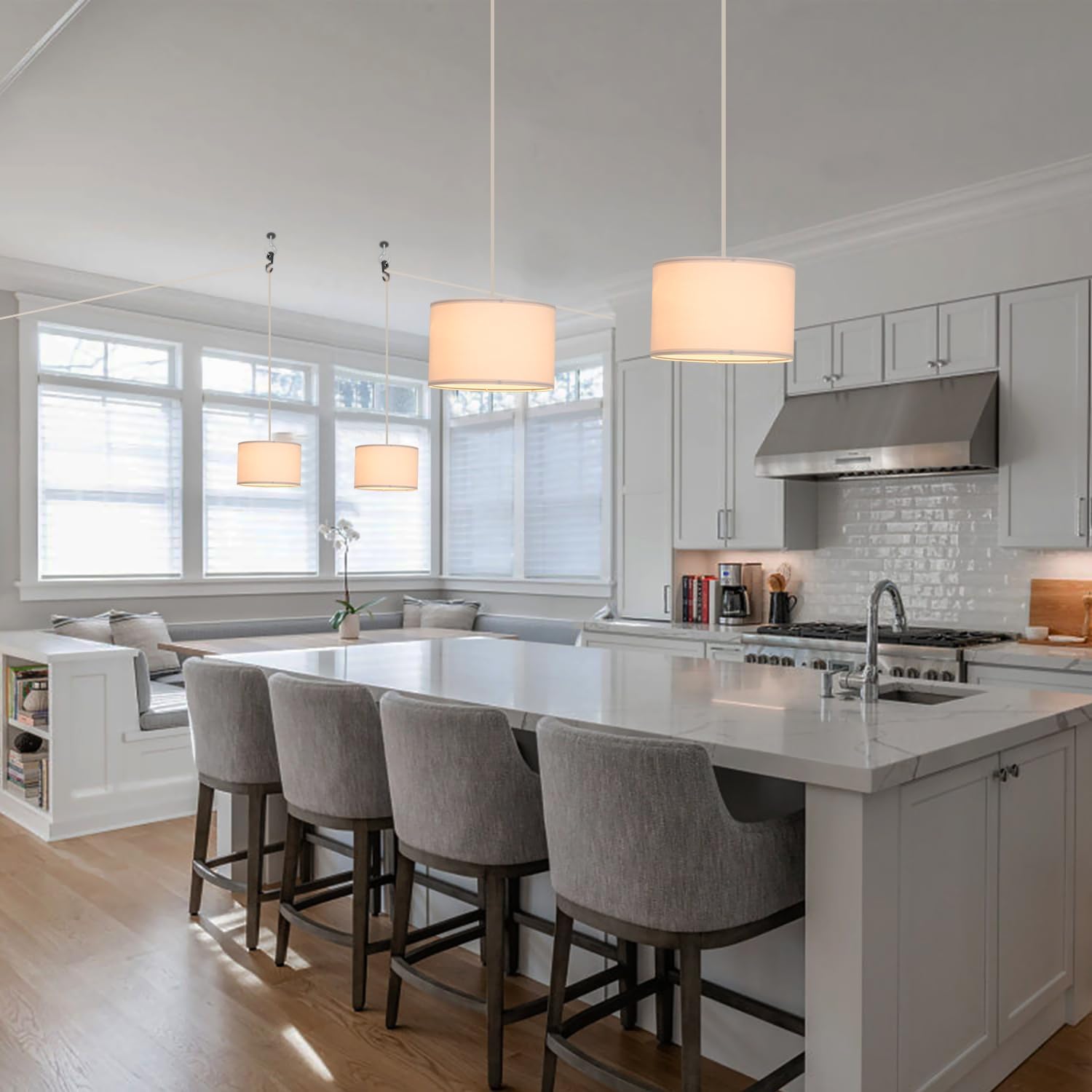 2 Pack Plug in Pendant Light, Hanging Light with 15Ft Clear Cord, On/Off Switch, White Fabric Lamp Shade, Hanging Light Fixture for Bedroom, Kitchen, Living Room, Dining Table - Grand Goldman