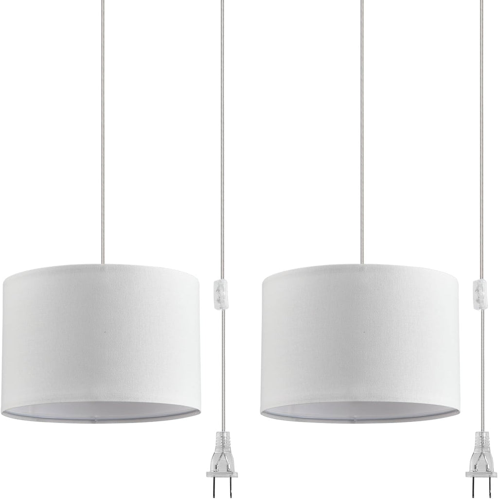 2 Pack Plug in Pendant Light, Hanging Light with 15Ft Clear Cord, On/Off Switch, White Fabric Lamp Shade, Hanging Light Fixture for Bedroom, Kitchen, Living Room, Dining Table - Grand Goldman