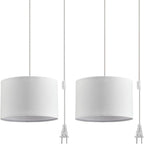 2 Pack Plug in Pendant Light, Hanging Light with 15Ft Clear Cord, On/Off Switch, White Fabric Lamp Shade, Hanging Light Fixture for Bedroom, Kitchen, Living Room, Dining Table - Grand Goldman