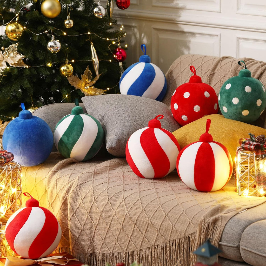 2 Pcs Christmas Ball Pillows 7 Inch Round Xmas Throw Pillow 3D Christmas Shaped Pillow Cute Ball Christmas Decoration for Couch Chair Bed Living Room (Green and White) - Grand Goldman