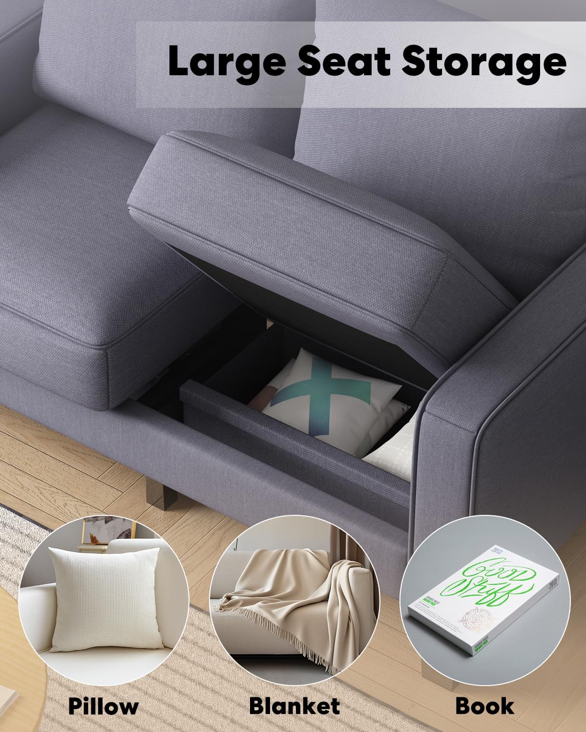 2 Piece Sectional Sofa Set-Comfy Upholstered Couch Set, Solid Wood Leg, Ultra Thick Cushion, Seats Storage, Including 3 Seater Sofa and Loveseat Sofa, Living Room, Apartment, Beige - Grand Goldman