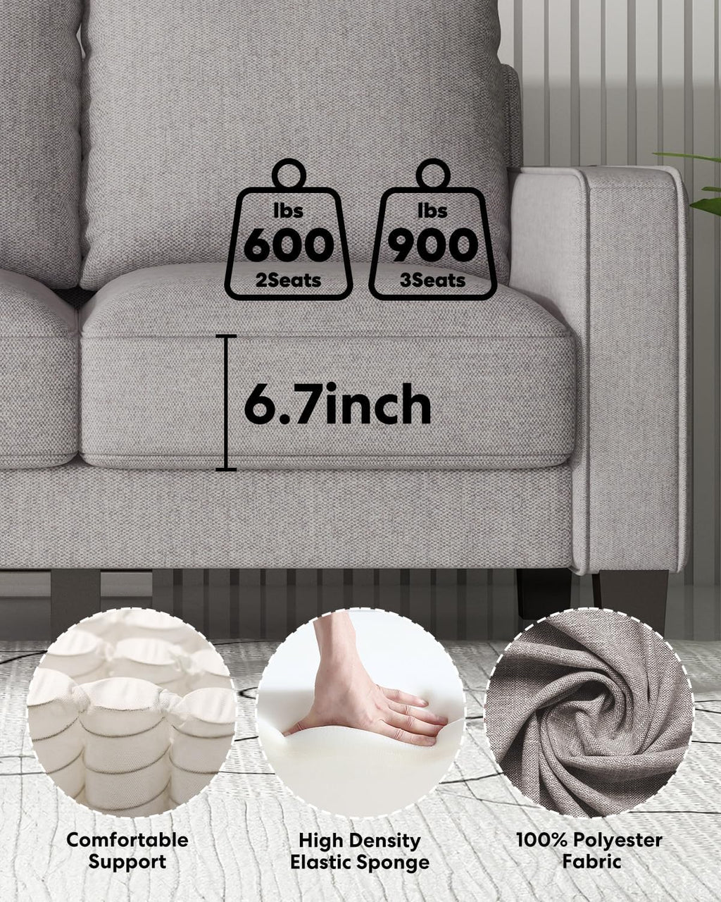 2 Piece Sectional Sofa Set-Comfy Upholstered Couch Set, Solid Wood Leg, Ultra Thick Cushion, Seats Storage, Including 3 Seater Sofa and Loveseat Sofa, Living Room, Apartment, Beige - Grand Goldman