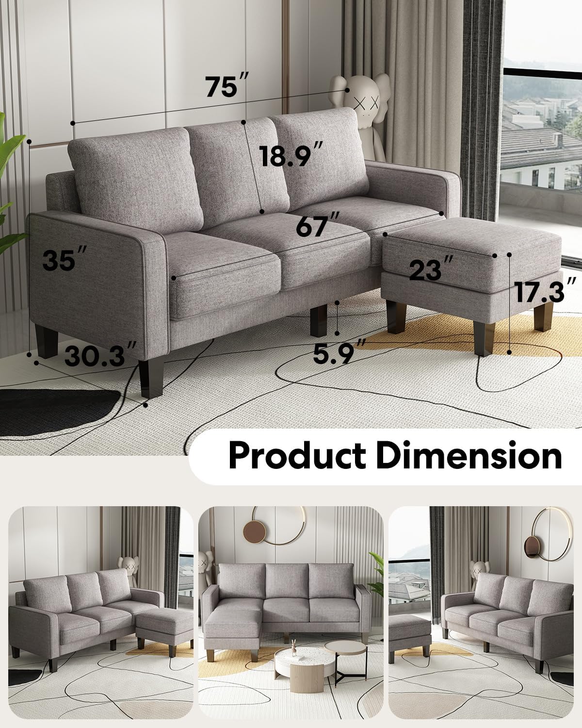 2 Piece Sectional Sofa Set-Comfy Upholstered Couch Set, Solid Wood Leg, Ultra Thick Cushion, Seats Storage, Including 3 Seater Sofa and Loveseat Sofa, Living Room, Apartment, Beige - Grand Goldman