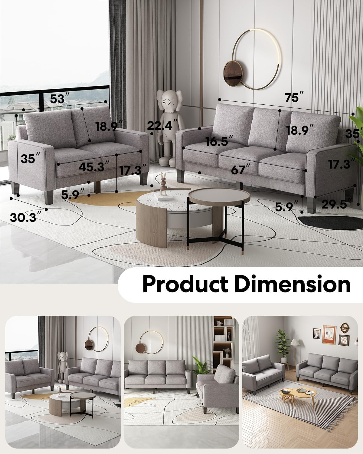 2 Piece Sectional Sofa Set-Comfy Upholstered Couch Set, Solid Wood Leg, Ultra Thick Cushion, Seats Storage, Including 3 Seater Sofa and Loveseat Sofa, Living Room, Apartment, Beige - Grand Goldman