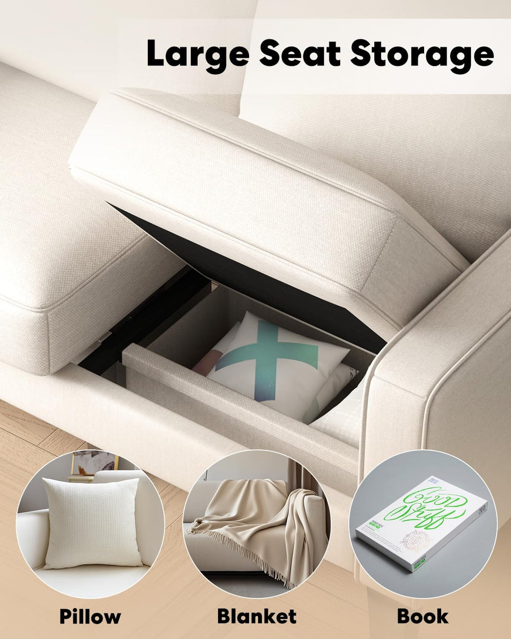 2 Piece Sectional Sofa Set-Comfy Upholstered Couch Set, Solid Wood Leg, Ultra Thick Cushion, Seats Storage, Including 3 Seater Sofa and Loveseat Sofa, Living Room, Apartment, Beige - Grand Goldman