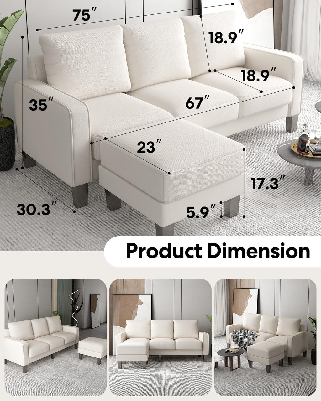 2 Piece Sectional Sofa Set-Comfy Upholstered Couch Set, Solid Wood Leg, Ultra Thick Cushion, Seats Storage, Including 3 Seater Sofa and Loveseat Sofa, Living Room, Apartment, Beige - Grand Goldman