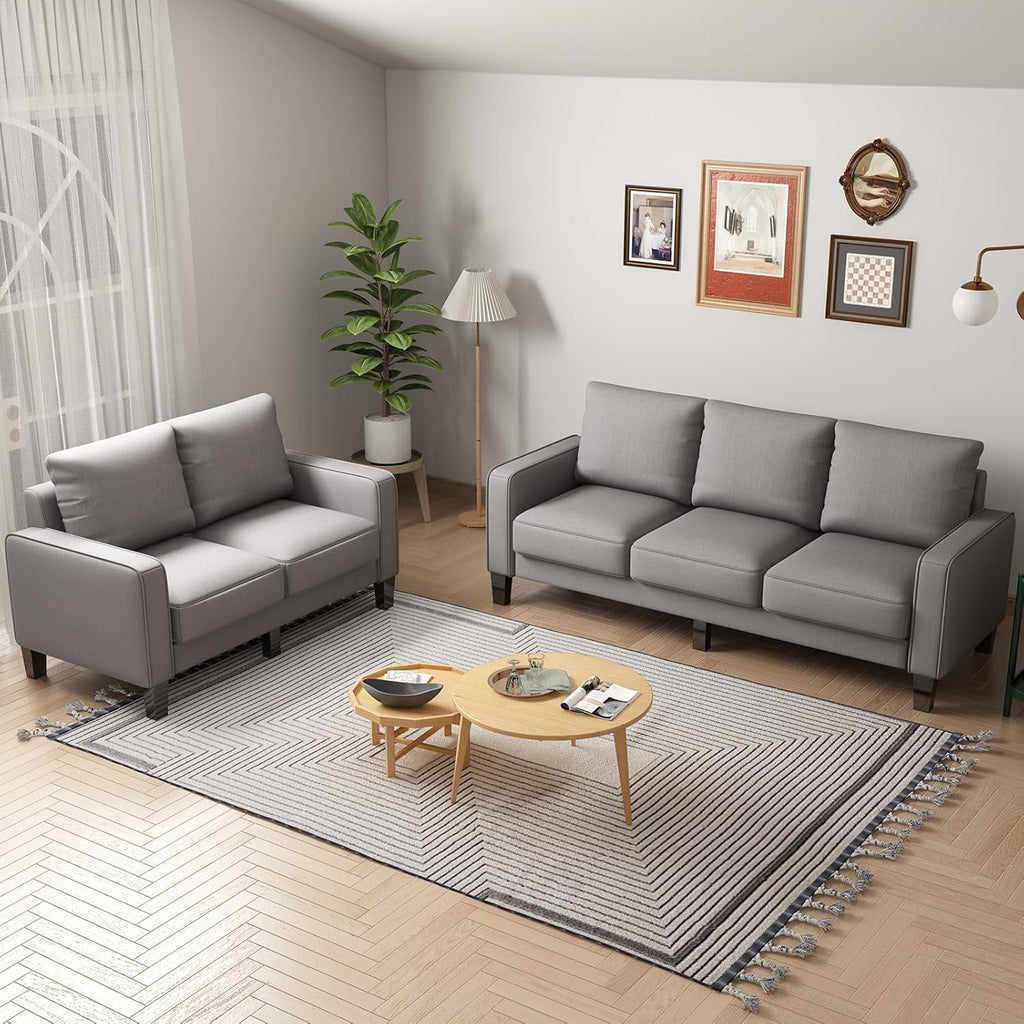 2 Piece Sectional Sofa Set-Comfy Upholstered Couch Set, Solid Wood Leg, Ultra Thick Cushion, Seats Storage, Including 3 Seater Sofa and Loveseat Sofa, Living Room, Apartment, Beige - Grand Goldman