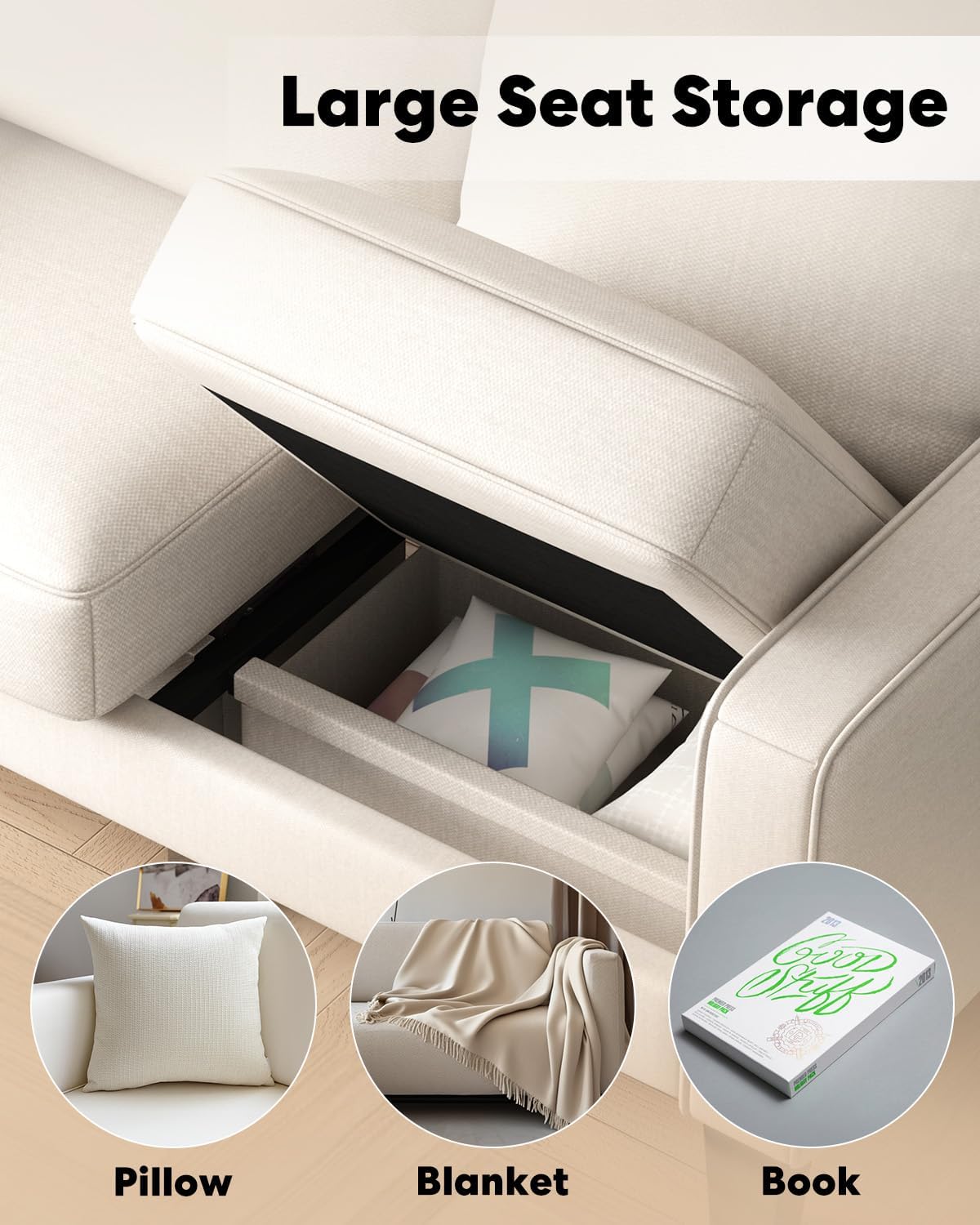 2 Piece Sectional Sofa Set-Comfy Upholstered Couch Set, Solid Wood Leg, Ultra Thick Cushion, Seats Storage, Including 3 Seater Sofa and Loveseat Sofa, Living Room, Apartment, Beige - Grand Goldman