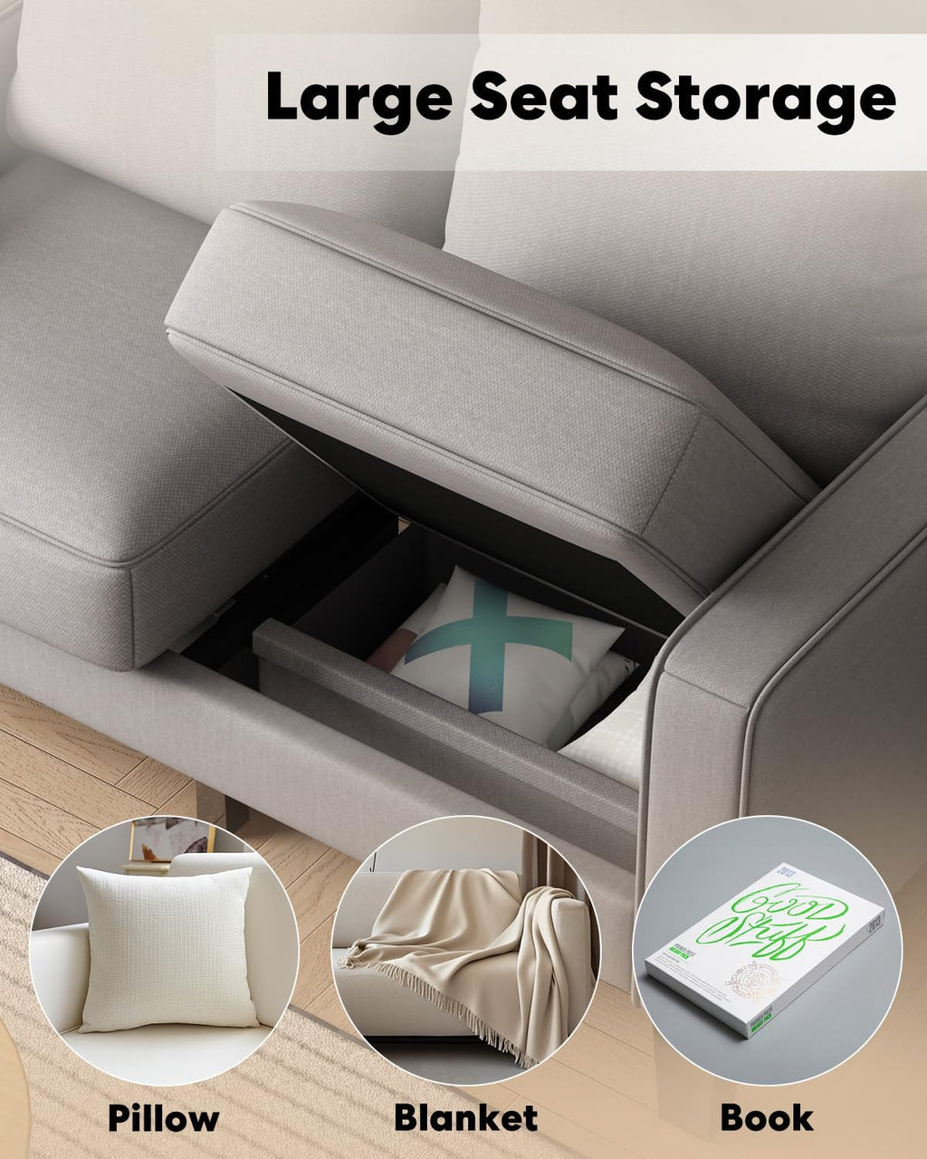 2 Piece Sectional Sofa Set-Comfy Upholstered Couch Set, Solid Wood Leg, Ultra Thick Cushion, Seats Storage, Including 3 Seater Sofa and Loveseat Sofa, Living Room, Apartment, Beige - Grand Goldman