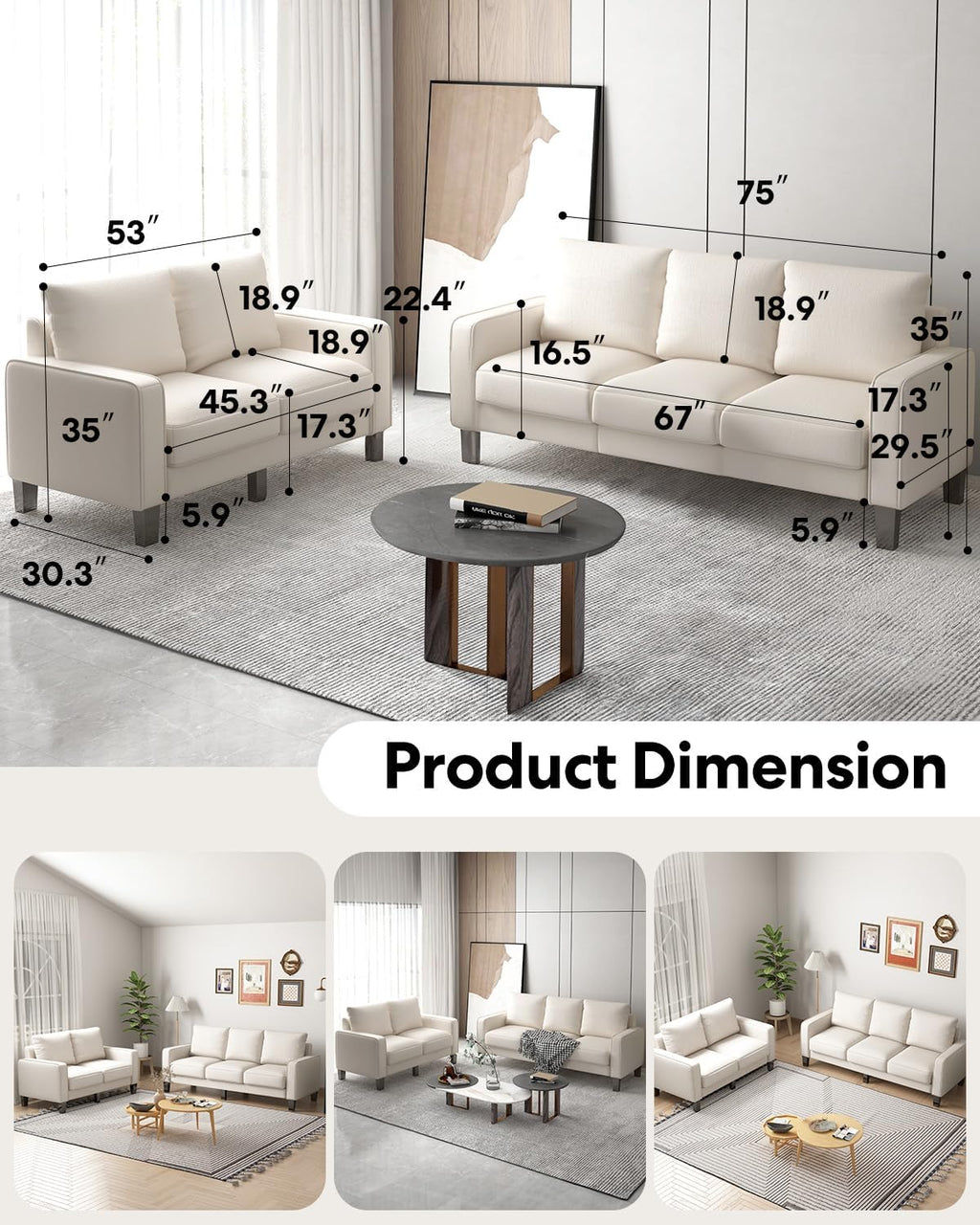 2 Piece Sectional Sofa Set-Comfy Upholstered Couch Set, Solid Wood Leg, Ultra Thick Cushion, Seats Storage, Including 3 Seater Sofa and Loveseat Sofa, Living Room, Apartment, Beige - Grand Goldman
