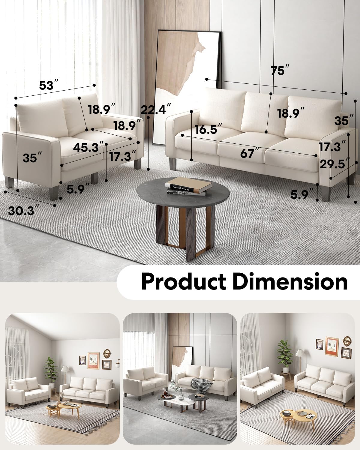 2 Piece Sectional Sofa Set-Comfy Upholstered Couch Set, Solid Wood Leg, Ultra Thick Cushion, Seats Storage, Including 3 Seater Sofa and Loveseat Sofa, Living Room, Apartment, Beige - Grand Goldman