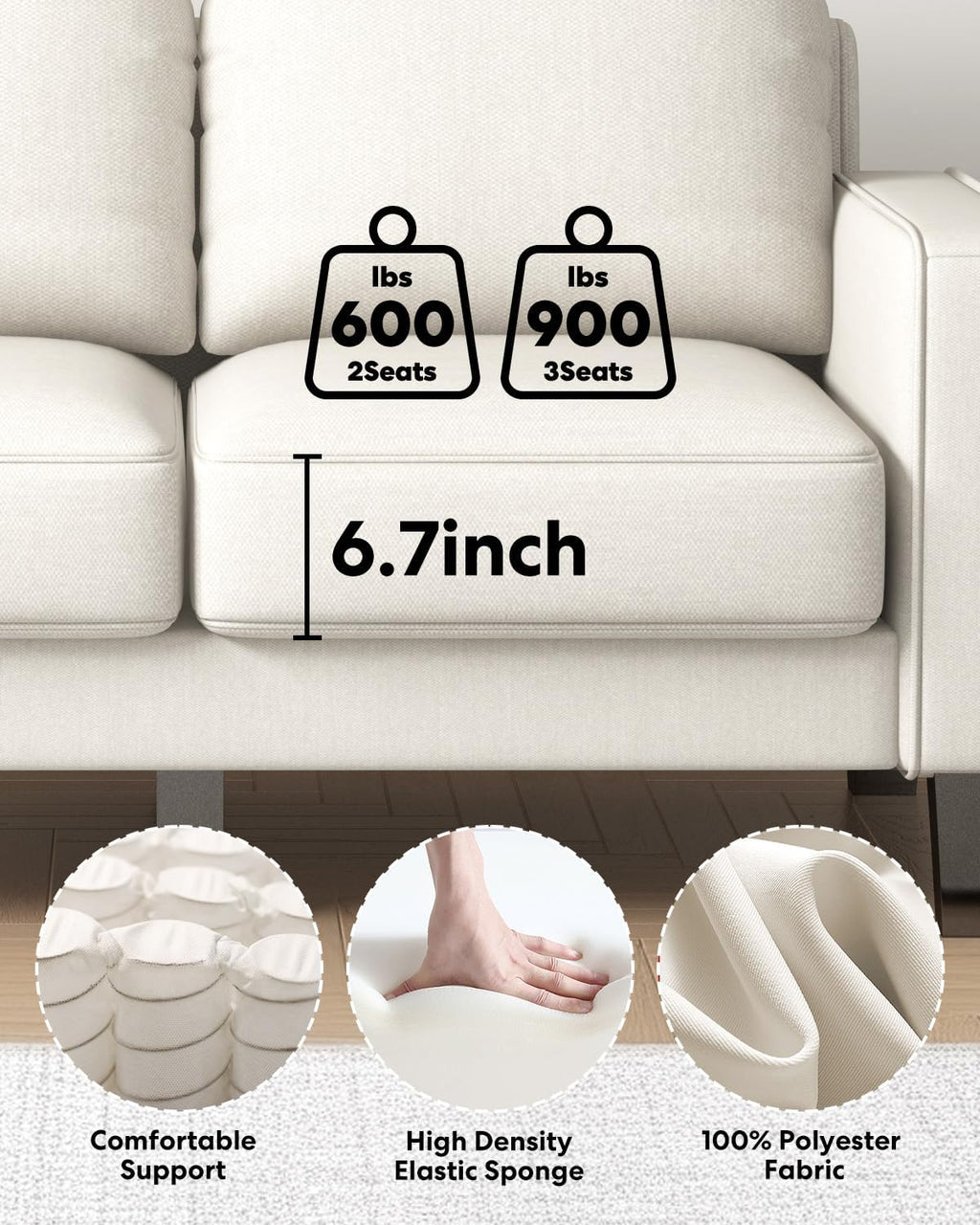 2 Piece Sectional Sofa Set-Comfy Upholstered Couch Set, Solid Wood Leg, Ultra Thick Cushion, Seats Storage, Including 3 Seater Sofa and Loveseat Sofa, Living Room, Apartment, Beige - Grand Goldman