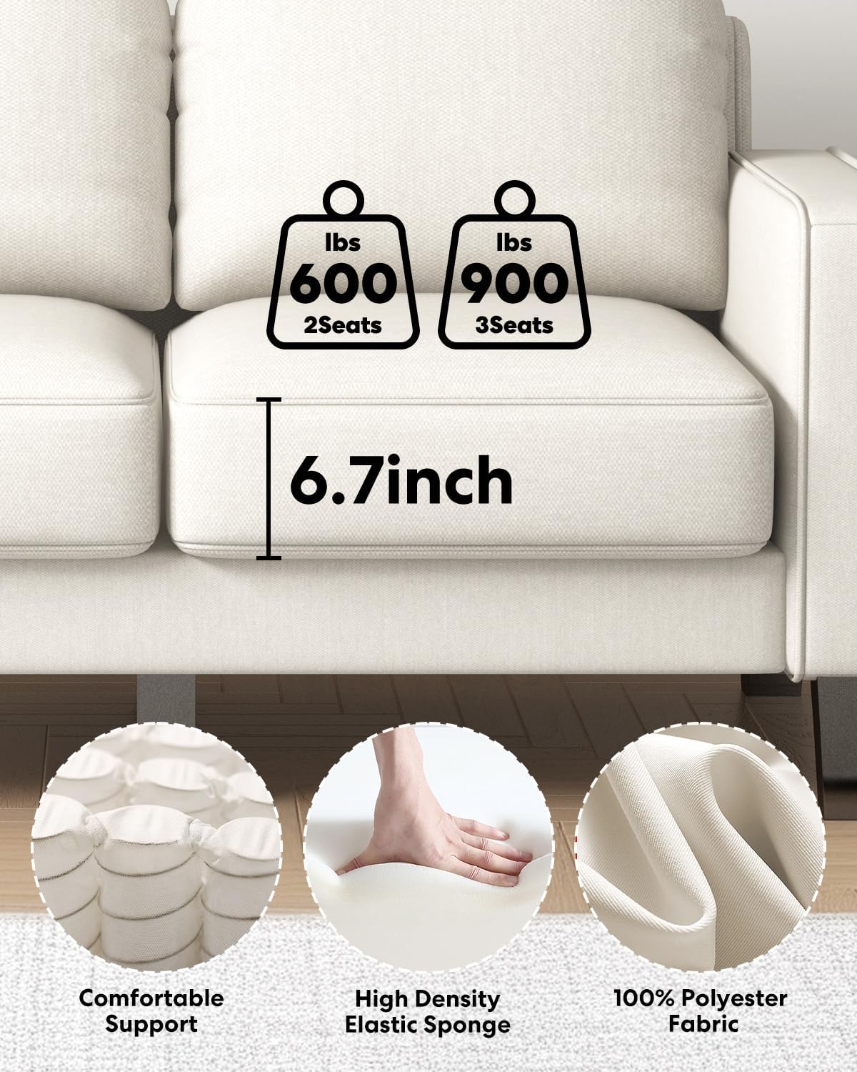 2 Piece Sectional Sofa Set-Comfy Upholstered Couch Set, Solid Wood Leg, Ultra Thick Cushion, Seats Storage, Including 3 Seater Sofa and Loveseat Sofa, Living Room, Apartment, Beige - Grand Goldman