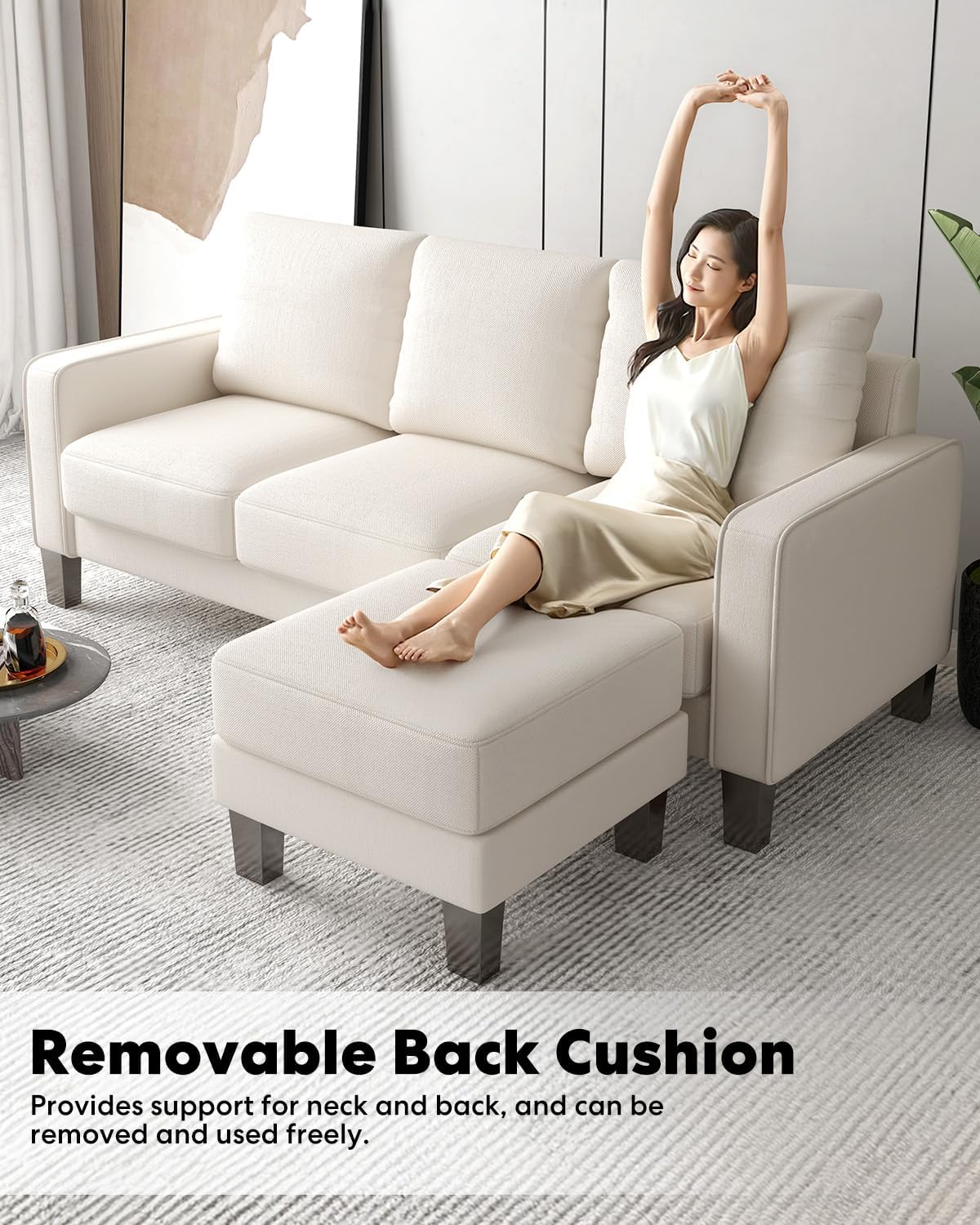 2 Piece Sectional Sofa Set-Comfy Upholstered Couch Set, Solid Wood Leg, Ultra Thick Cushion, Seats Storage, Including 3 Seater Sofa and Loveseat Sofa, Living Room, Apartment, Beige - Grand Goldman