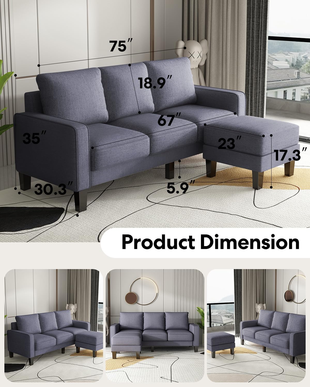 2 Piece Sectional Sofa Set-Comfy Upholstered Couch Set, Solid Wood Leg, Ultra Thick Cushion, Seats Storage, Including 3 Seater Sofa and Loveseat Sofa, Living Room, Apartment, Beige - Grand Goldman