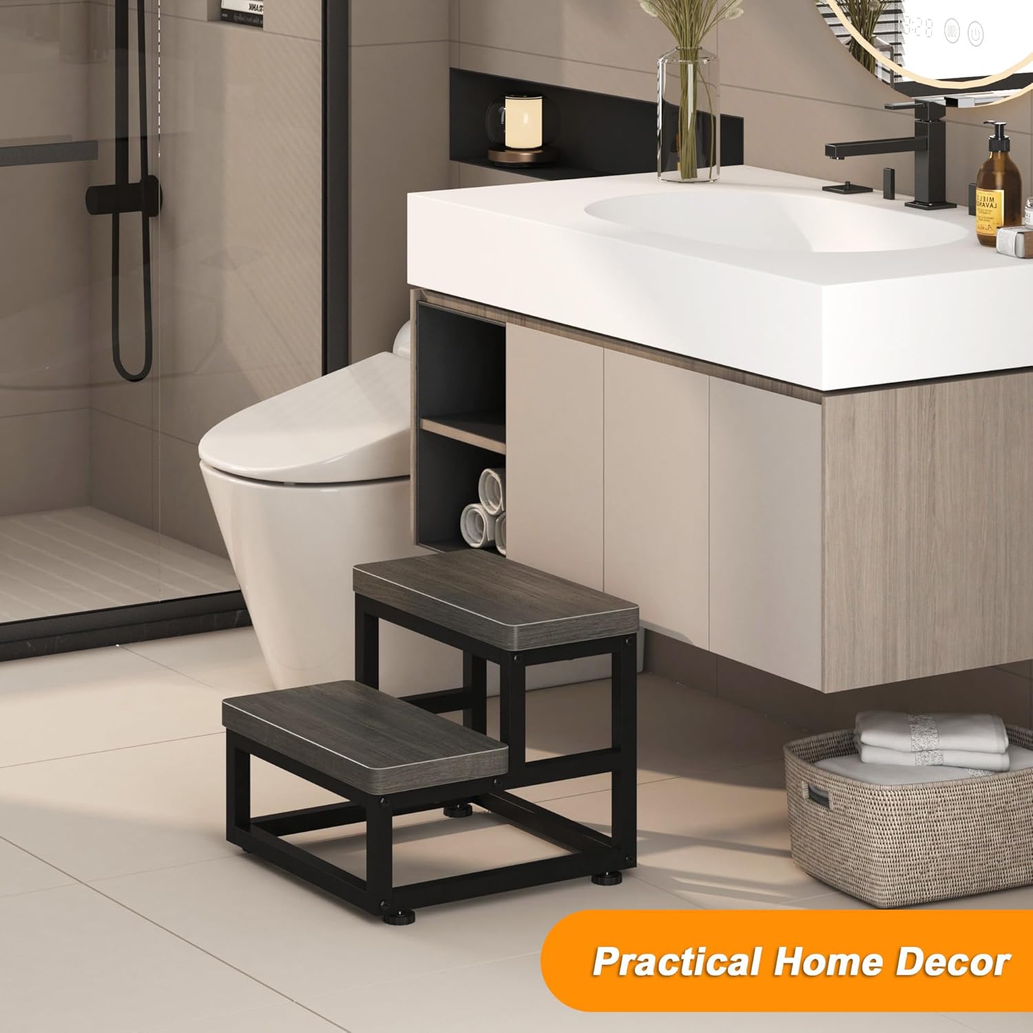 2 Step Wooden Step Stools for Adults Kids, Heavy Duty Stepping Stools Wooden Bed Step Stools for High Beds, Non-Slip 2 Bedside Foot Stool with 500 Lbs Capacity, Kitchen, Bed, RVS Step, Rustic Brown - Grand Goldman