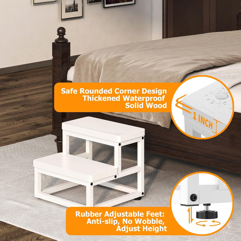 2 Step Wooden Step Stools for Adults Kids, Heavy Duty Stepping Stools Wooden Bed Step Stools for High Beds, Non-Slip 2 Bedside Foot Stool with 500 Lbs Capacity, Kitchen, Bed, RVS Step, Rustic Brown - Grand Goldman