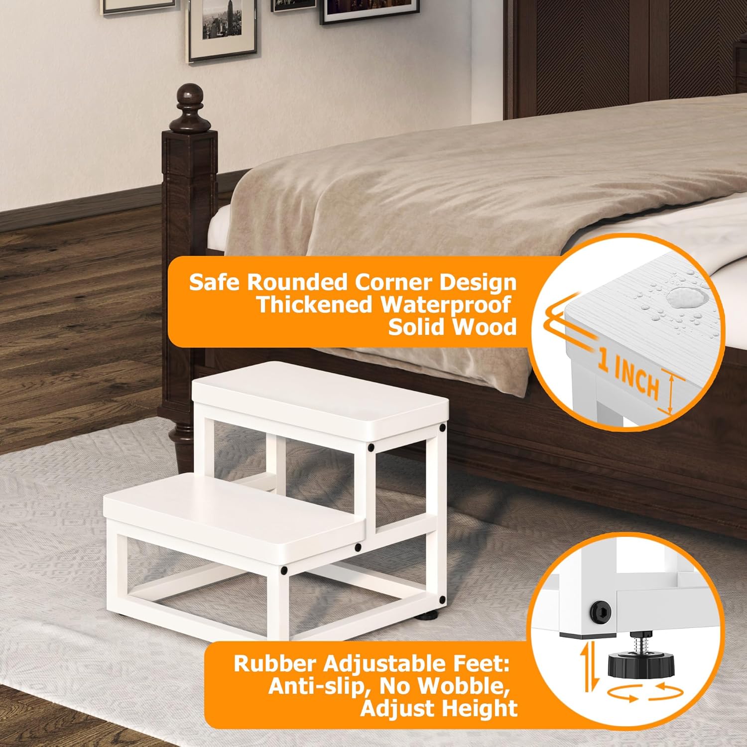2 Step Wooden Step Stools for Adults Kids, Heavy Duty Stepping Stools Wooden Bed Step Stools for High Beds, Non-Slip 2 Bedside Foot Stool with 500 Lbs Capacity, Kitchen, Bed, RVS Step, Rustic Brown - Grand Goldman