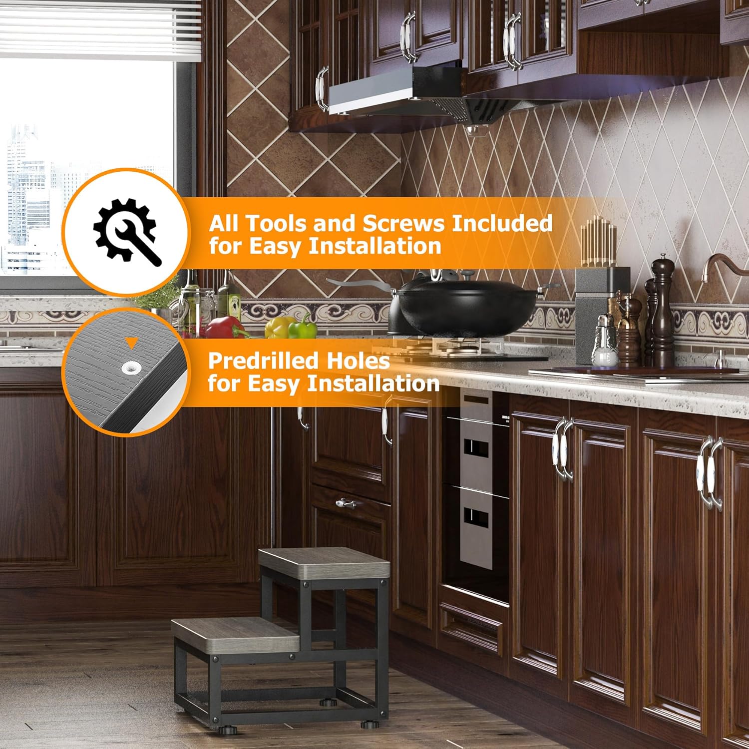 2 Step Wooden Step Stools for Adults Kids, Heavy Duty Stepping Stools Wooden Bed Step Stools for High Beds, Non-Slip 2 Bedside Foot Stool with 500 Lbs Capacity, Kitchen, Bed, RVS Step, Rustic Brown - Grand Goldman