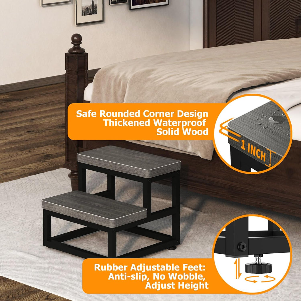2 Step Wooden Step Stools for Adults Kids, Heavy Duty Stepping Stools Wooden Bed Step Stools for High Beds, Non-Slip 2 Bedside Foot Stool with 500 Lbs Capacity, Kitchen, Bed, RVS Step, Rustic Brown - Grand Goldman