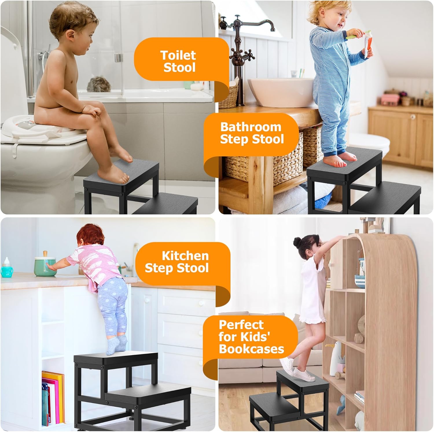 2 Step Wooden Step Stools for Adults Kids, Heavy Duty Stepping Stools Wooden Bed Step Stools for High Beds, Non-Slip 2 Bedside Foot Stool with 500 Lbs Capacity, Kitchen, Bed, RVS Step, Rustic Brown - Grand Goldman