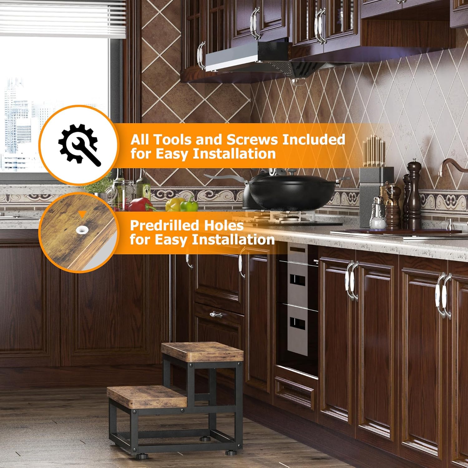 2 Step Wooden Step Stools for Adults Kids, Heavy Duty Stepping Stools Wooden Bed Step Stools for High Beds, Non-Slip 2 Bedside Foot Stool with 500 Lbs Capacity, Kitchen, Bed, RVS Step, Rustic Brown - Grand Goldman