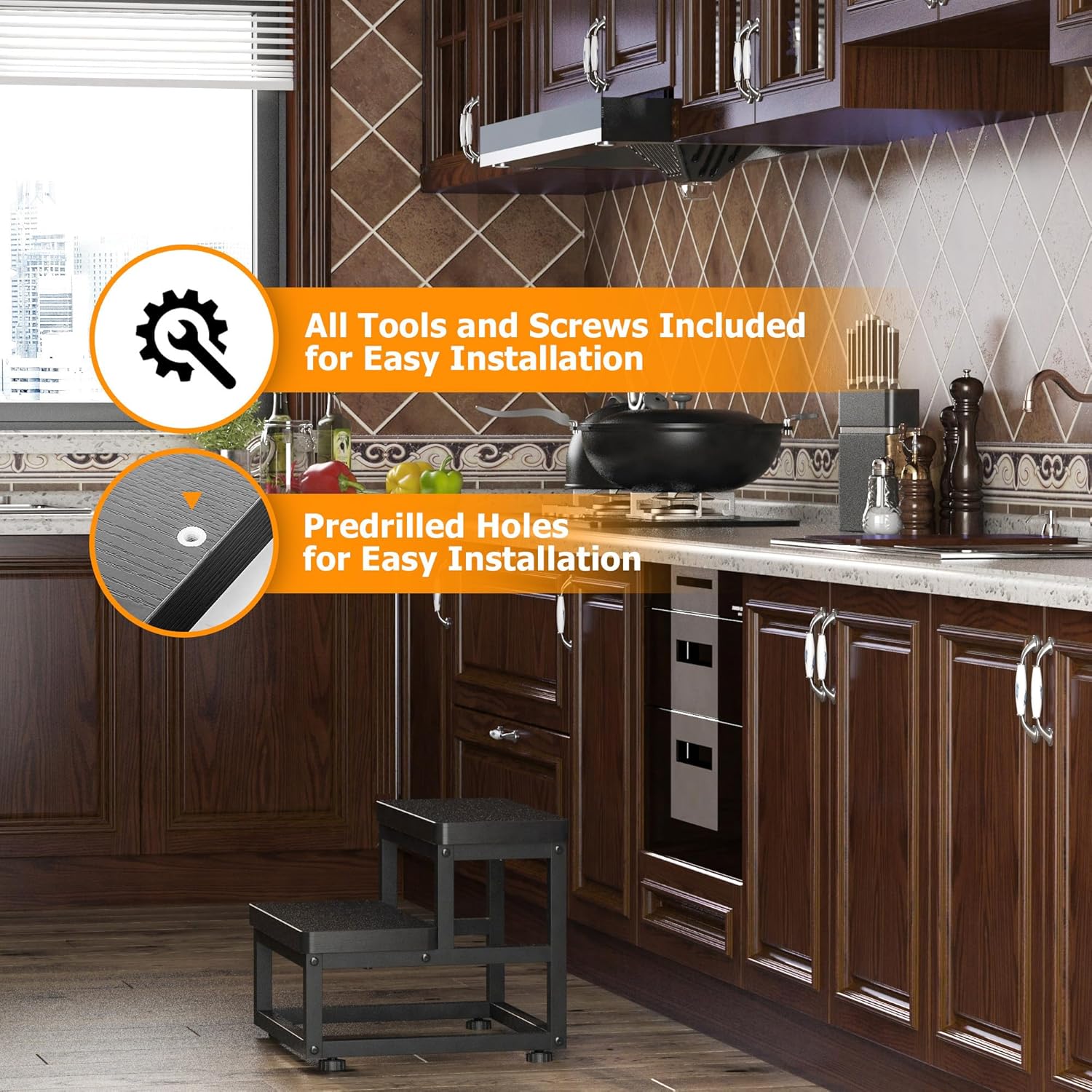 2 Step Wooden Step Stools for Adults Kids, Heavy Duty Stepping Stools Wooden Bed Step Stools for High Beds, Non-Slip 2 Bedside Foot Stool with 500 Lbs Capacity, Kitchen, Bed, RVS Step, Rustic Brown - Grand Goldman