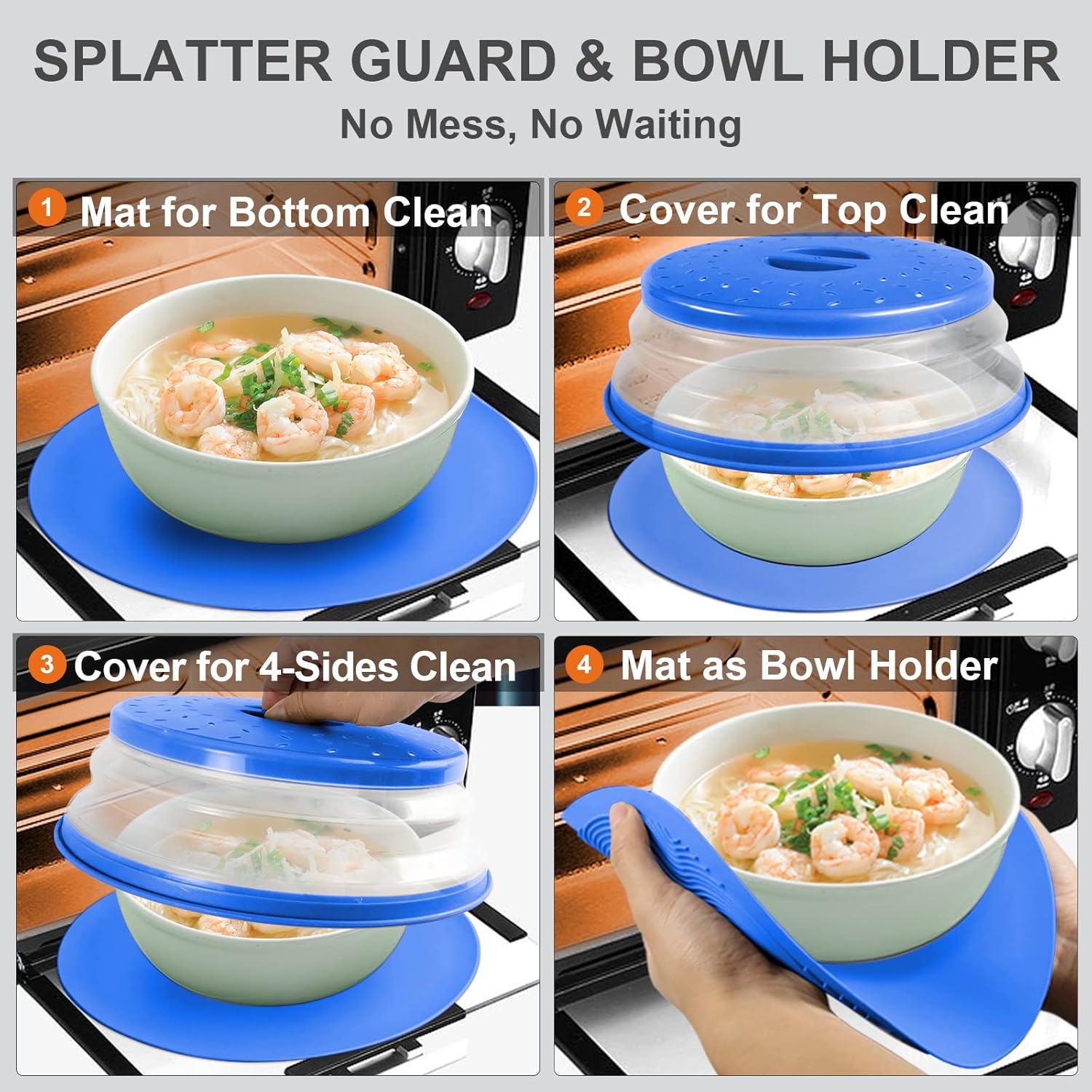 2 in 1, Aidacom Microwave Place Mat & Food Cover- Mat as Bowl Holder, for Splatter Guard, Multi-use: Silicone Trivet, Pot Holders, Drying, Baking, Utensils Rest for Kitchen Counter, Grey - Grand Goldman