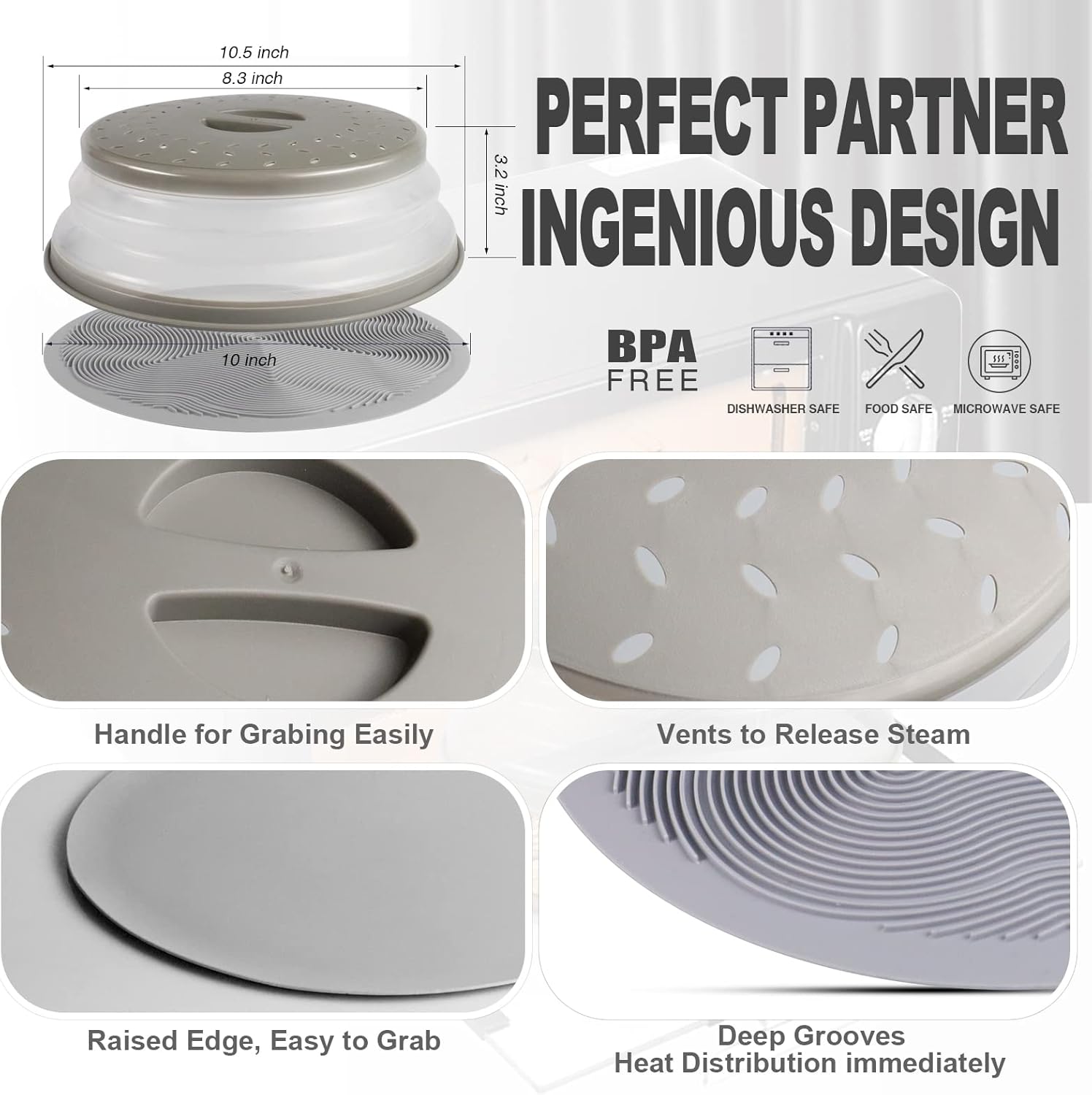 2 in 1, Aidacom Microwave Place Mat & Food Cover- Mat as Bowl Holder, for Splatter Guard, Multi-use: Silicone Trivet, Pot Holders, Drying, Baking, Utensils Rest for Kitchen Counter, Grey - Grand Goldman