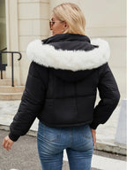 Women's Chic Mint Green Puffer Jacket With Faux Fur Trim Hood - Grand Goldman