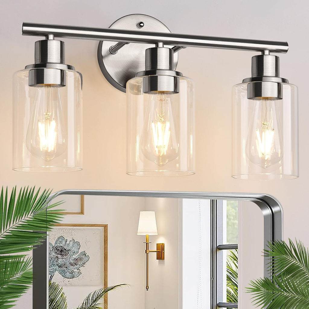 3-Light Bathroom Light Fixtures, Black Modern Vanity Lights with Clear Glass Shade, Bathroom Wall Lamp for Mirror Kitchen Living Room Hallway Cabinet Porch - Grand Goldman