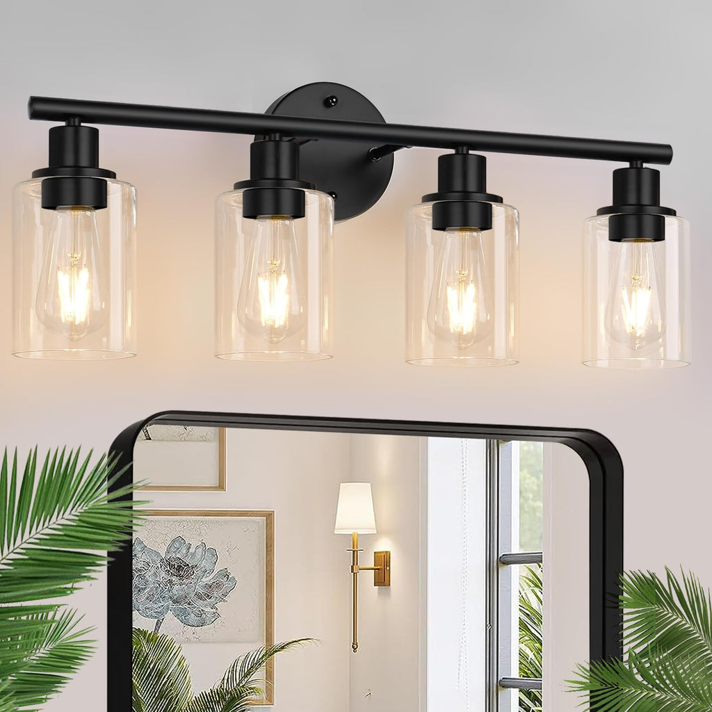3-Light Bathroom Light Fixtures, Black Modern Vanity Lights with Clear Glass Shade, Bathroom Wall Lamp for Mirror Kitchen Living Room Hallway Cabinet Porch - Grand Goldman