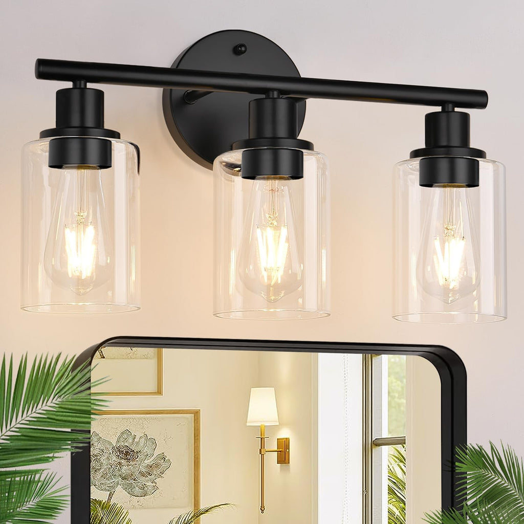 3-Light Bathroom Light Fixtures, Black Modern Vanity Lights with Clear Glass Shade, Bathroom Wall Lamp for Mirror Kitchen Living Room Hallway Cabinet Porch - Grand Goldman