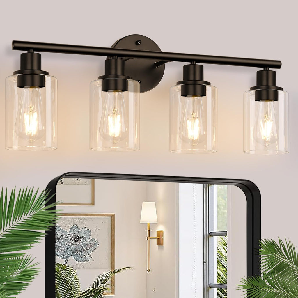 3-Light Bathroom Light Fixtures, Black Modern Vanity Lights with Clear Glass Shade, Bathroom Wall Lamp for Mirror Kitchen Living Room Hallway Cabinet Porch - Grand Goldman