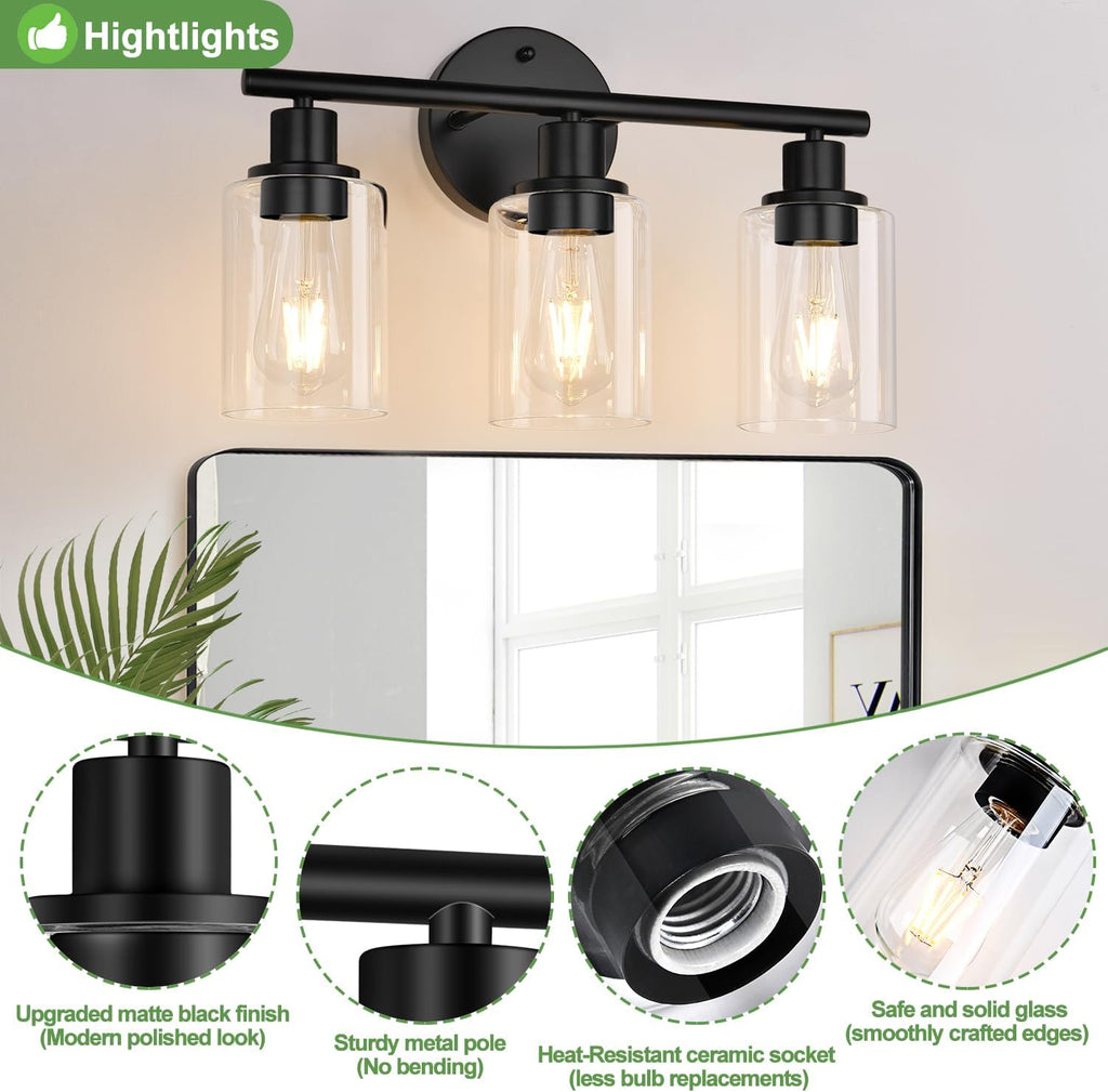 3-Light Bathroom Light Fixtures, Black Modern Vanity Lights with Clear Glass Shade, Bathroom Wall Lamp for Mirror Kitchen Living Room Hallway Cabinet Porch - Grand Goldman
