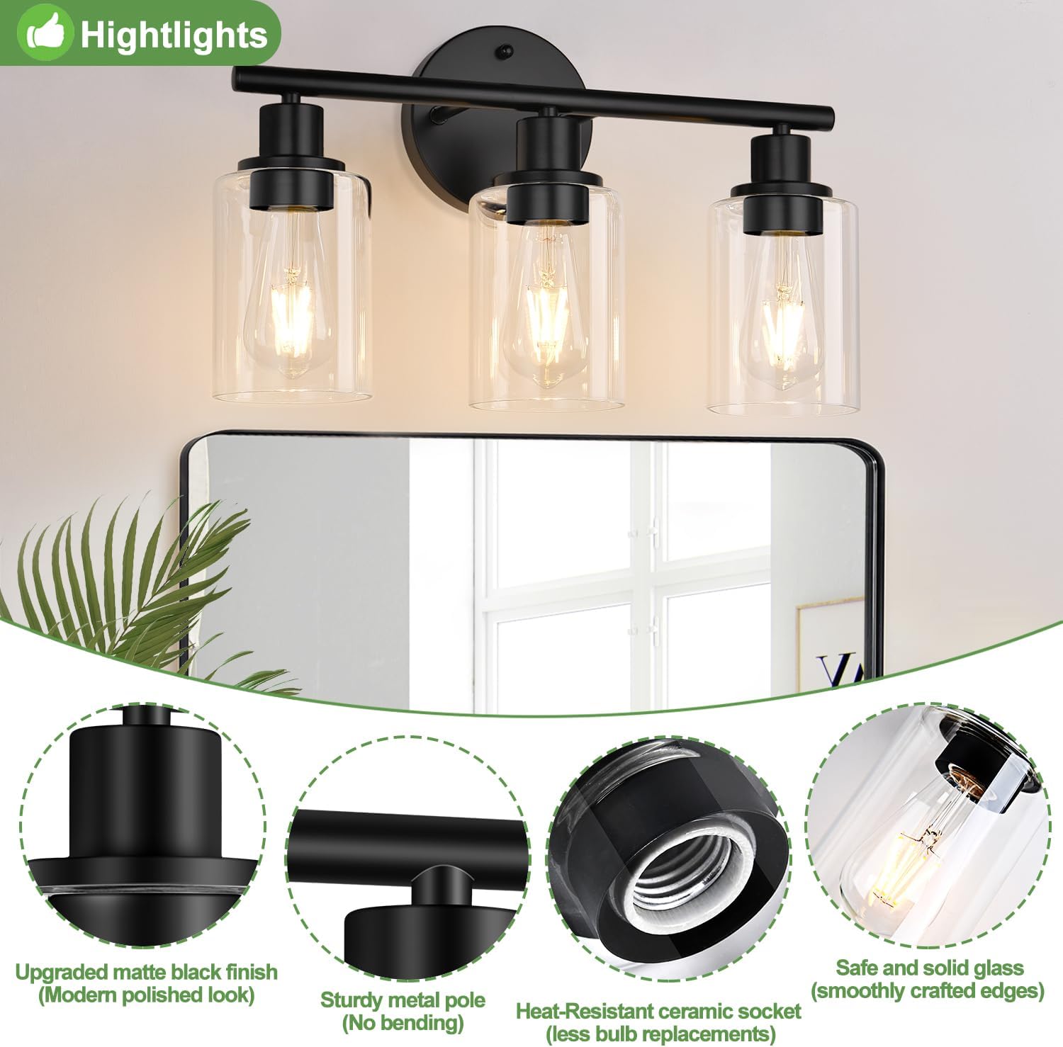 3-Light Bathroom Light Fixtures, Black Modern Vanity Lights with Clear Glass Shade, Bathroom Wall Lamp for Mirror Kitchen Living Room Hallway Cabinet Porch - Grand Goldman