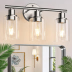 3-Light Bathroom Light Fixtures, Black Modern Vanity Lights with Clear Glass Shade, Bathroom Wall Lamp for Mirror Kitchen Living Room Hallway Cabinet Porch - Grand Goldman