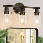3-Light Bathroom Light Fixtures, Black Modern Vanity Lights with Clear Glass Shade, Bathroom Wall Lamp for Mirror Kitchen Living Room Hallway Cabinet Porch - Grand Goldman