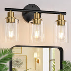 3-Light Bathroom Light Fixtures, Black Modern Vanity Lights with Clear Glass Shade, Bathroom Wall Lamp for Mirror Kitchen Living Room Hallway Cabinet Porch - Grand Goldman