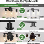 3-Light Bathroom Light Fixtures, Black Modern Vanity Lights with Clear Glass Shade, Bathroom Wall Lamp for Mirror Kitchen Living Room Hallway Cabinet Porch - Grand Goldman