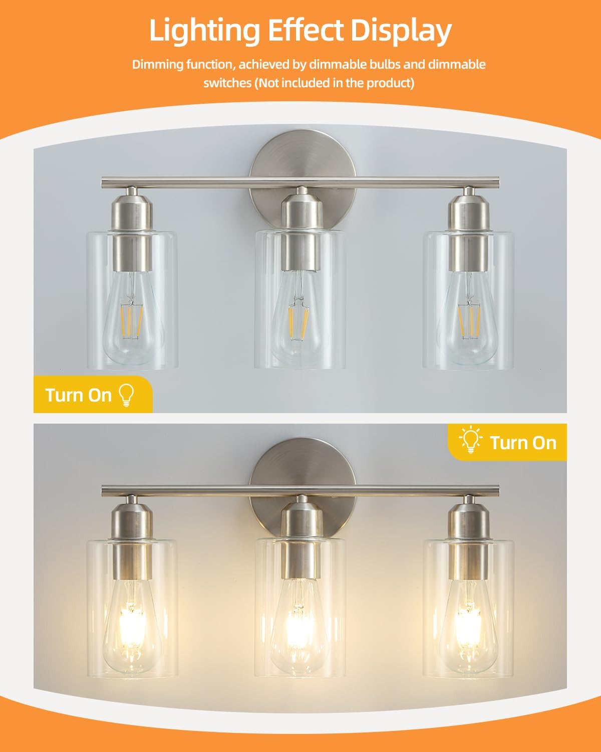 3-Light Bathroom Light Fixtures, Brushed Nickel Bathroom Vanity Lights, Bathroom Lighting Fixtures Over Mirror with Clear Glass Shade, Wall Sconce Light for Bedroom, Living Room and Hallway - Grand Goldman