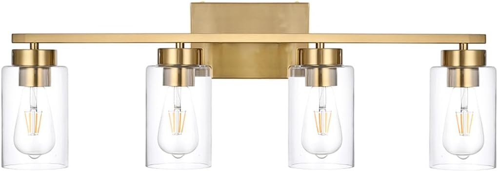 3-Light Bathroom Vanity Light, Modern Brushed Gold Wall Lights with Clear Glass Shades, Bathroom Wall Sconce Lamp for Mirror Living Room Bedroom Hallway - Grand Goldman