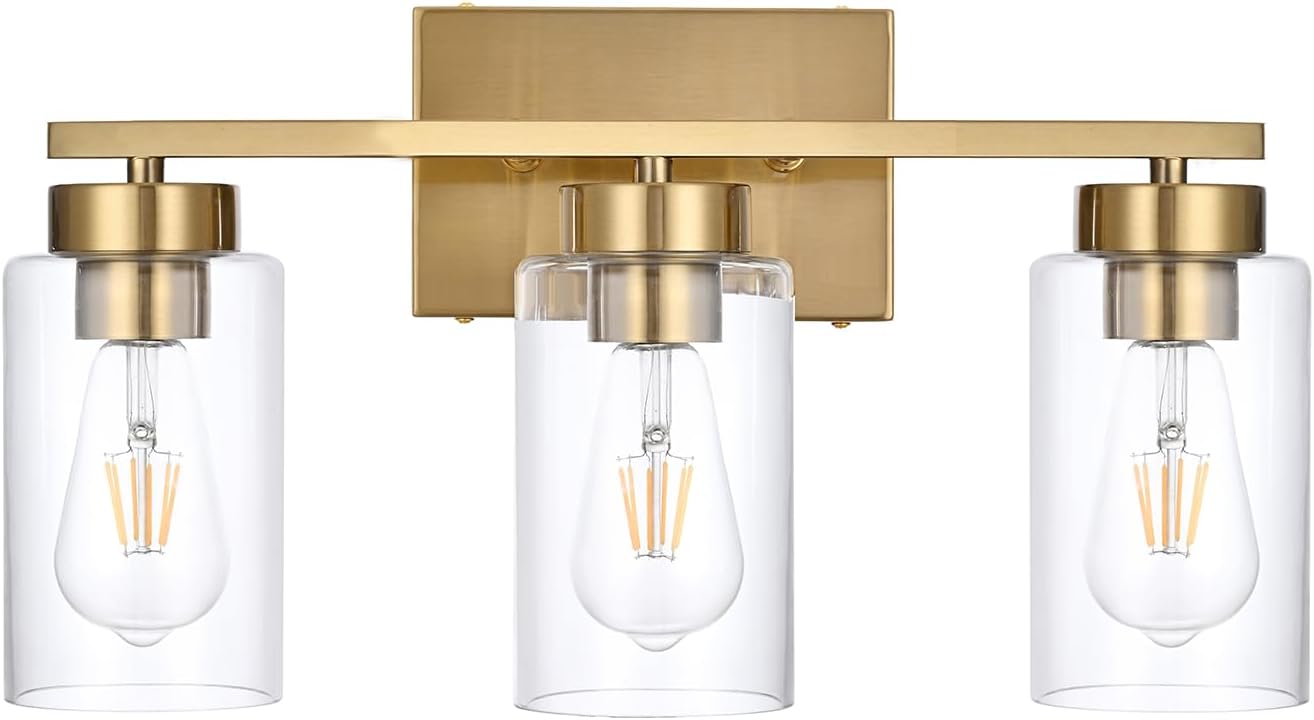 3-Light Bathroom Vanity Light, Modern Brushed Gold Wall Lights with Clear Glass Shades, Bathroom Wall Sconce Lamp for Mirror Living Room Bedroom Hallway - Grand Goldman