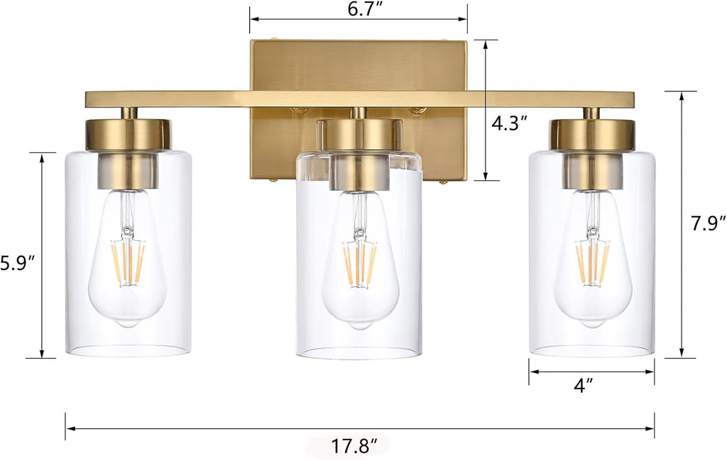 3-Light Bathroom Vanity Light, Modern Brushed Gold Wall Lights with Clear Glass Shades, Bathroom Wall Sconce Lamp for Mirror Living Room Bedroom Hallway - Grand Goldman