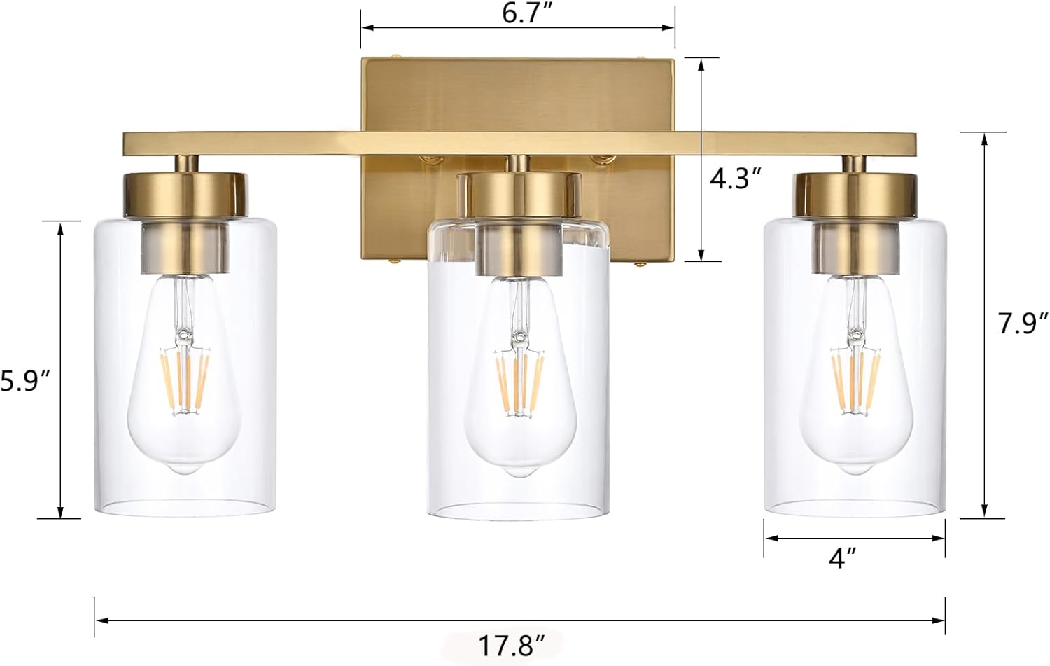 3-Light Bathroom Vanity Light, Modern Brushed Gold Wall Lights with Clear Glass Shades, Bathroom Wall Sconce Lamp for Mirror Living Room Bedroom Hallway - Grand Goldman