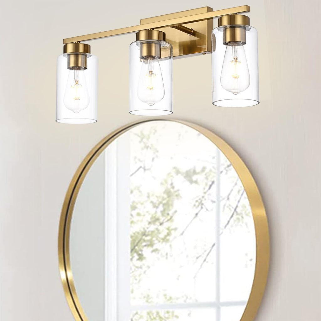 3-Light Bathroom Vanity Light, Modern Brushed Gold Wall Lights with Clear Glass Shades, Bathroom Wall Sconce Lamp for Mirror Living Room Bedroom Hallway - Grand Goldman