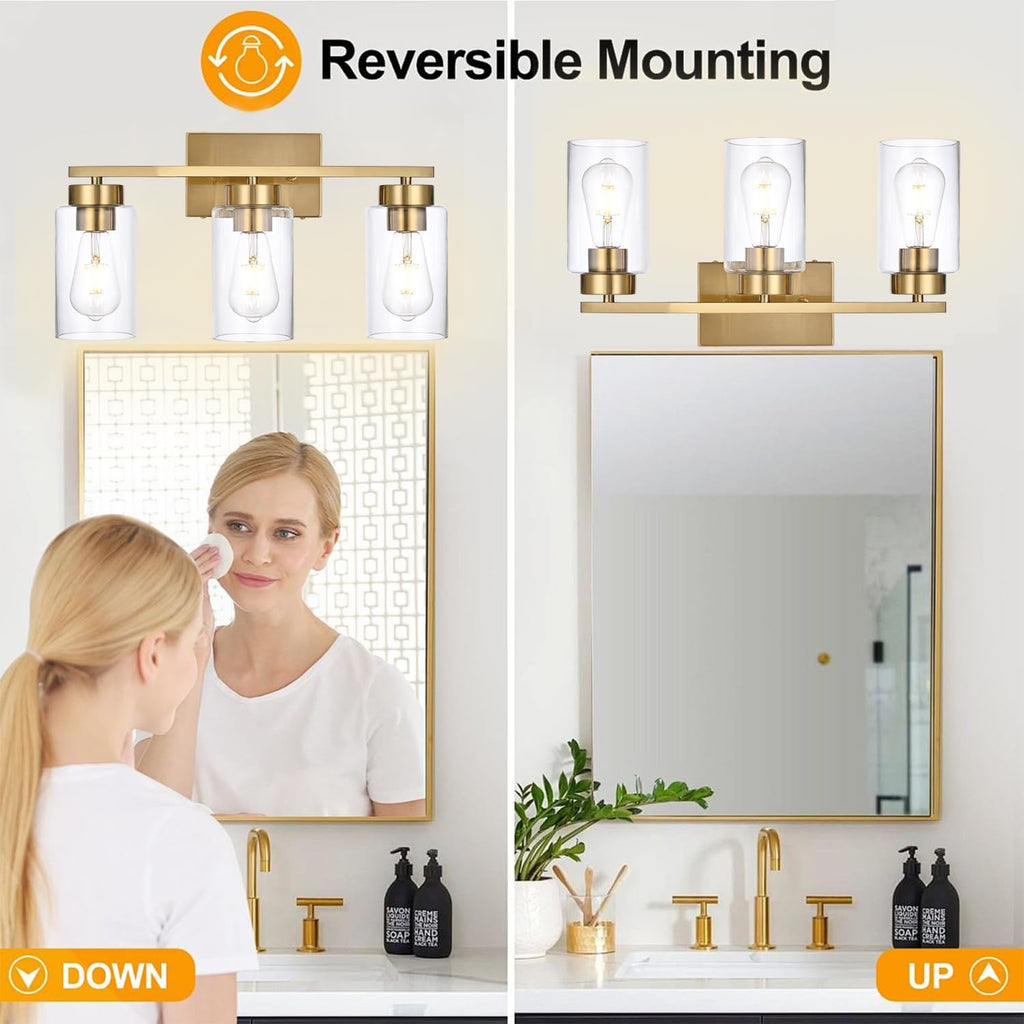 3-Light Bathroom Vanity Light, Modern Brushed Gold Wall Lights with Clear Glass Shades, Bathroom Wall Sconce Lamp for Mirror Living Room Bedroom Hallway - Grand Goldman