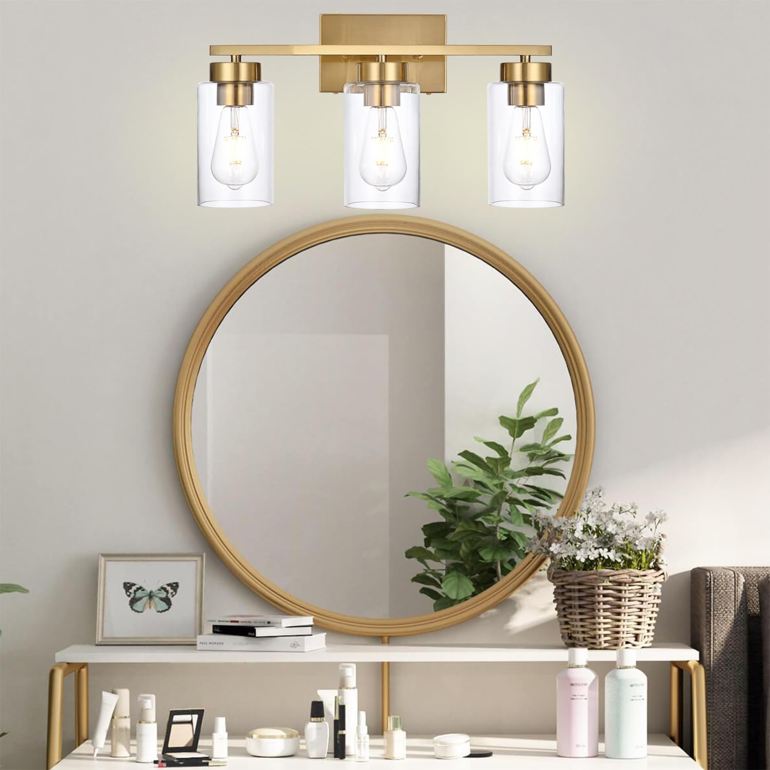 3-Light Bathroom Vanity Light, Modern Brushed Gold Wall Lights with Clear Glass Shades, Bathroom Wall Sconce Lamp for Mirror Living Room Bedroom Hallway - Grand Goldman