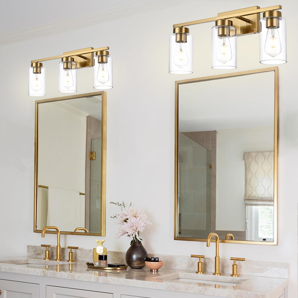 3-Light Bathroom Vanity Light, Modern Brushed Gold Wall Lights with Clear Glass Shades, Bathroom Wall Sconce Lamp for Mirror Living Room Bedroom Hallway - Grand Goldman