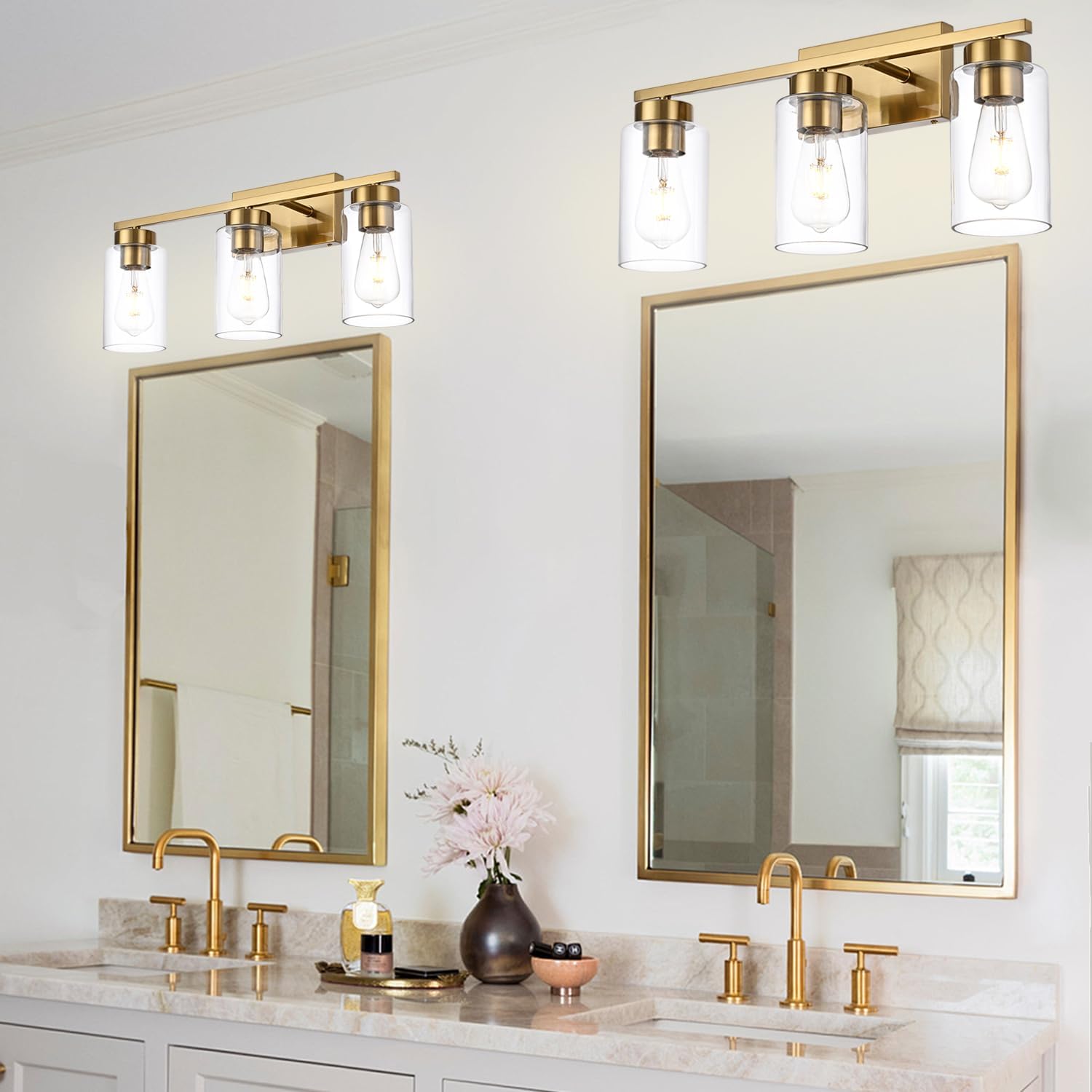 3-Light Bathroom Vanity Light, Modern Brushed Gold Wall Lights with Clear Glass Shades, Bathroom Wall Sconce Lamp for Mirror Living Room Bedroom Hallway - Grand Goldman